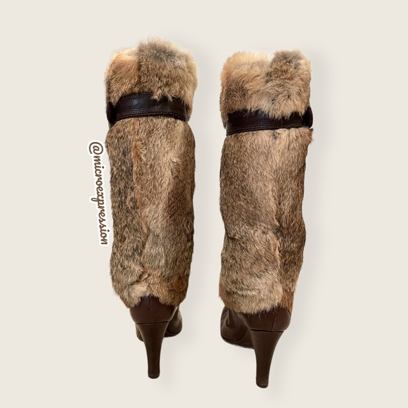 $699 RARE Frye Ava Rabbit Fur Vintage Luxury Brown Leather Stiletto Heel Boot - Picture 4 of 10